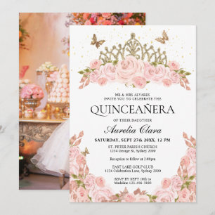 Invitation Diadème Photo Quinceanera Floral Rose Doré