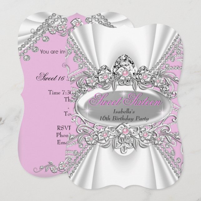 Invitation Diadème Princesse Anniversaire 16 Ans Rose Diamant (Devant / Derrière)