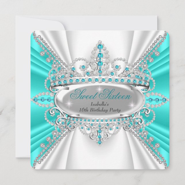 Invitation Diadème Princesse Bleu Sarcelle Diamants 16 ans (Devant)