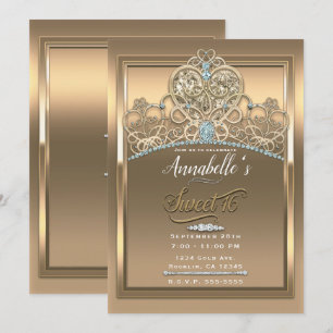 Invitation Diadème Princesse Cœur Glamour Or Fête Douze Ans