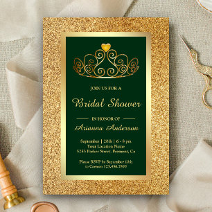 Invitation Diadème Princesse Paillettes Dorées Mariage Vert