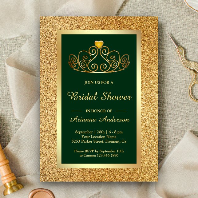 Invitation Diadème Princesse Paillettes Dorées Mariage Vert (Créateur téléchargé)