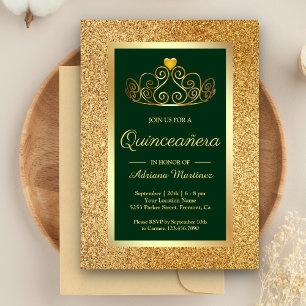 Invitation Diadème Princesse Paillettes Dorées Quinceanera Ve