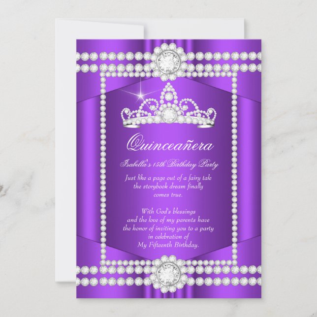 Invitation Diadème Princesse Quinceanera Violet Blanc Diamant (Devant)