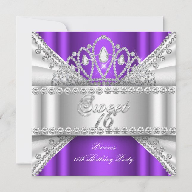 Invitation Diadème Princesse Sweet 16 Violet Blanc Diamant (Devant)