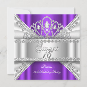 Invitation Diadème Princesse Sweet 16 Violet Blanc Diamant