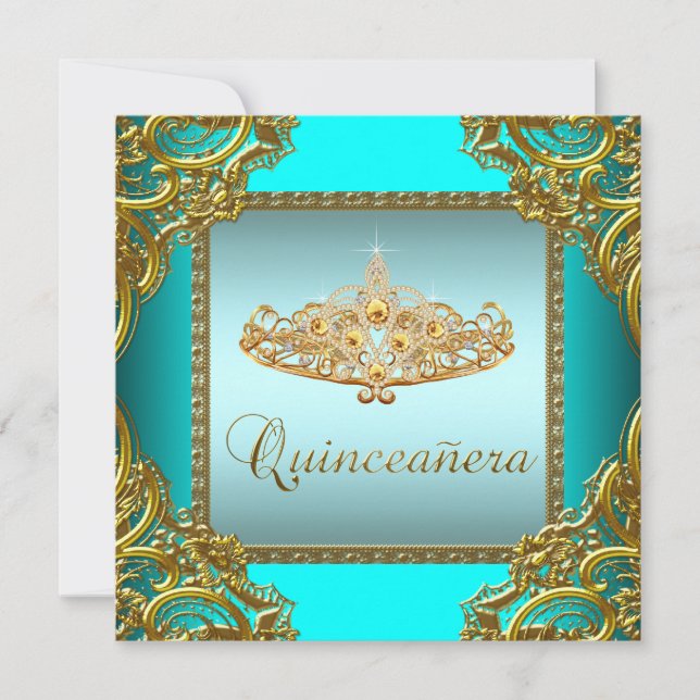 Invitation Diadème Quinceanera Or Bleu Sarcelle (Devant)
