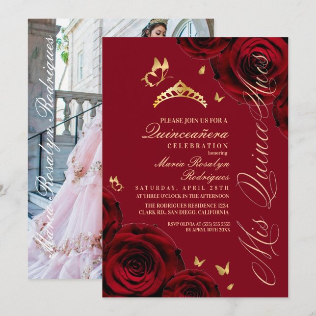 Invitation Diadème Quinceanera Rouge Or (Devant / Derrière)