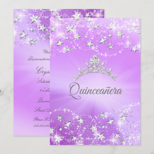 Invitation Diadème Quinceanera Violet Argent Pailleté Étoiles
