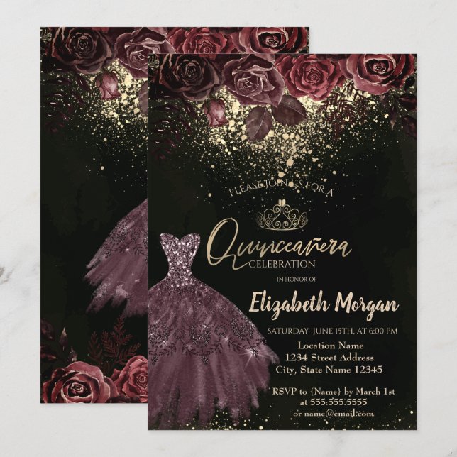 Invitation Diadème, robe de fleurs de Bourgogne Confetti Quin (Devant / Derrière)