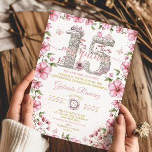 Invitation Diadème Rose Argent et Or Mis Quince Quinceañera
