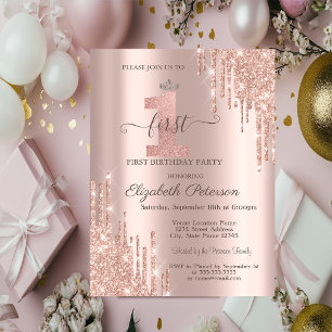 Invitation Diadème Rose Gold Argent Paillettes Gouttes 1er An