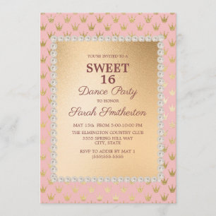 Invitation Diadème Rose Pâle Or Sweet 16 Soirée Dansante