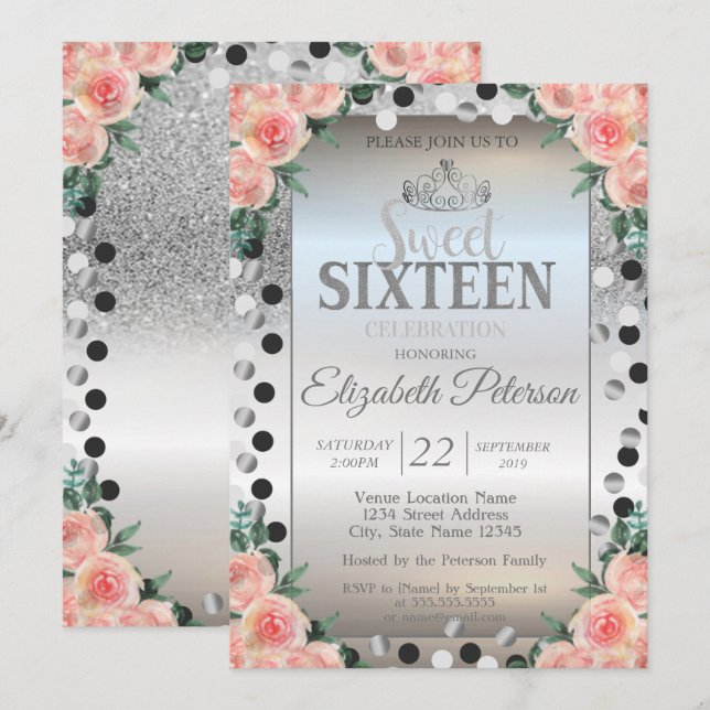 Invitation Diadème, Roses à paillettes argentées Points Douce (Devant / Derrière)
