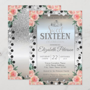 Invitation Diadème, Roses à paillettes argentées Points Douce