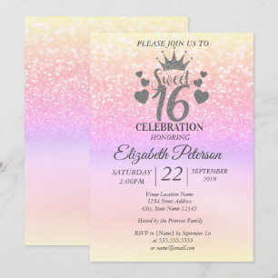 Invitation Diadème Sweet 16 Paillettes Coloré Bokeh Ombre