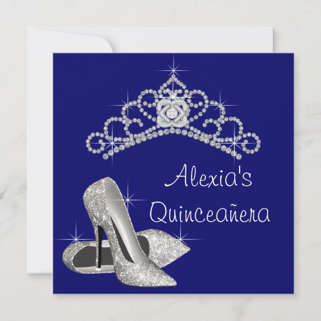 Invitation Diadème Talons Hauts Bleu Royal Quinceanera (Devant)