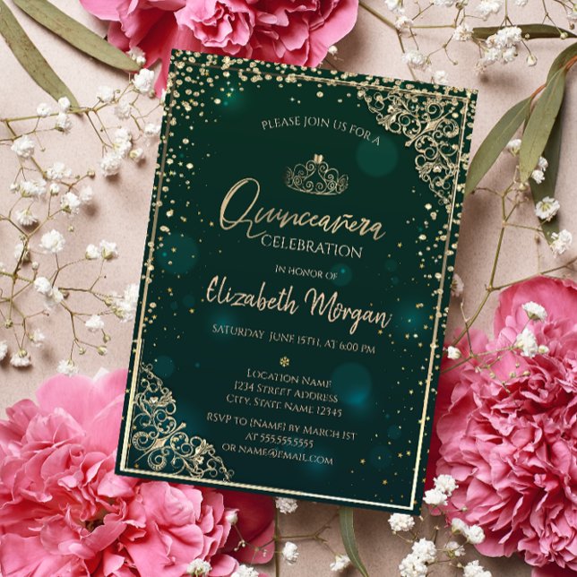 Invitation Diadème vert chic or, diamants Quinceañera (Créateur téléchargé)