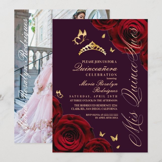 Invitation Diadème Violet Rouge Quinceanera (Devant / Derrière)