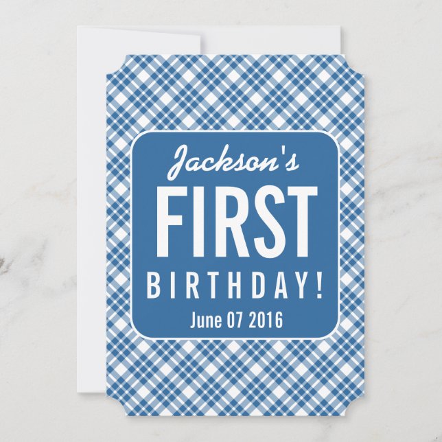 Invitation DIAGONAL BLEU PLAID 1er anniversaire Un an B07N (Devant)