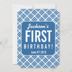 Invitation DIAGONAL BLEU PLAID 1er anniversaire Un an B07N