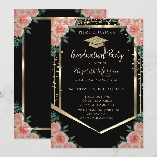 Invitation Diagramme Gold Graduation Cap Floral Graduation (Devant / Derrière)