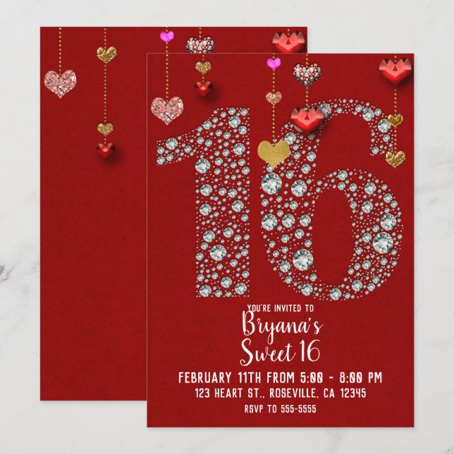 Invitation Diamant 16 Cœurs de la Saint-Valentin Fête d'anniv (Devant / Derrière)