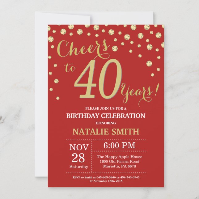 Invitation Diamant 40e Anniversaire Rouge et Or (Devant)
