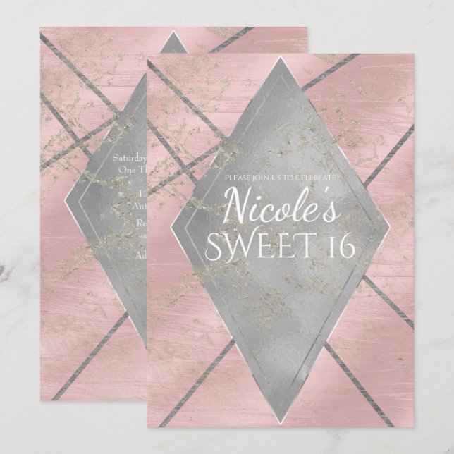 Invitation Diamant argent rose Glam Sweet 16 Fête pour tout é (Devant / Derrière)
