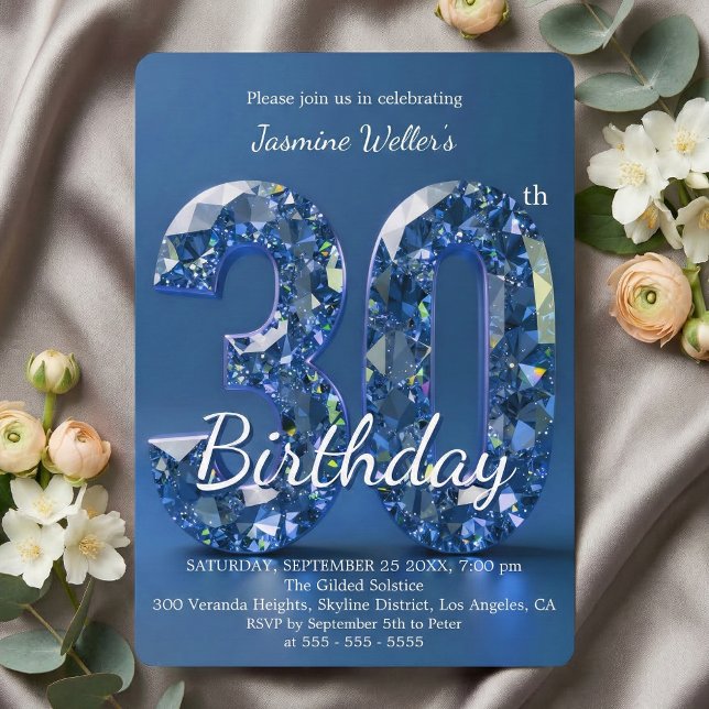 Invitation Diamant Bleu Saphir Glamour pour 30e Anniversaire (Créateur téléchargé)