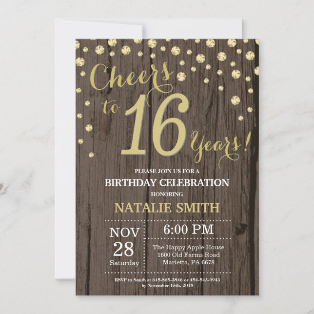 Invitation Diamant Bois Rustique Or 16e Anniversaire (Devant)