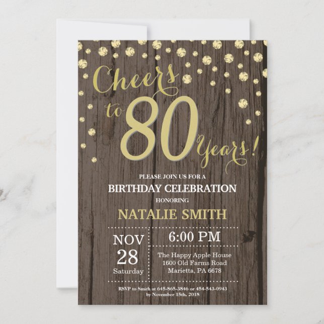 Invitation Diamant Bois Rustique Or 80e Anniversaire (Devant)