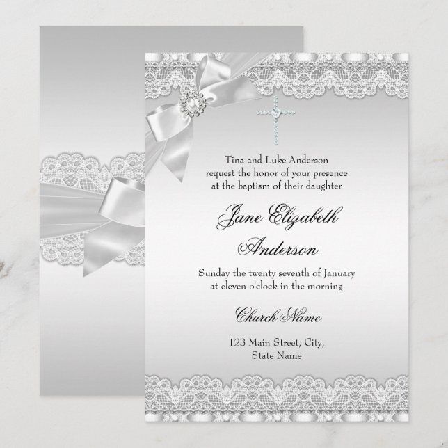 Invitation Diamant Chic Lace Argent Baptême fille/garçon (Devant / Derrière)