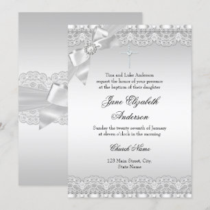 Invitation Diamant Chic Lace Argent Baptême fille/garçon
