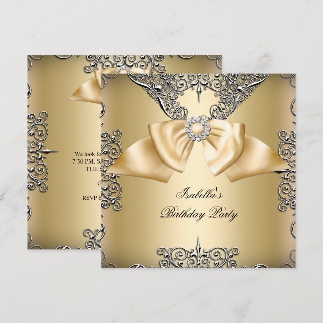 Invitation Diamant Crème Dorée Ruban Argent Élégant Anniversa (Devant / Derrière)