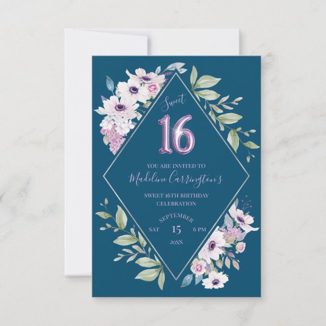 Invitation Diamant de Fleur Violet et Bleu Douce 16 Anniversa (Devant)