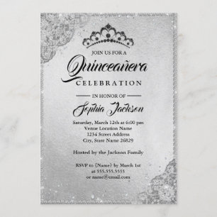 Invitation Diamant Dentelle Étincelle Silver Quinceanera