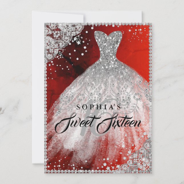 Invitation Diamant Dentelle Étincelle Sweet sixteen rouge (Devant)
