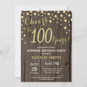 Invitation Diamant Doré Bois Rustique Surprise 100e Anniversa
