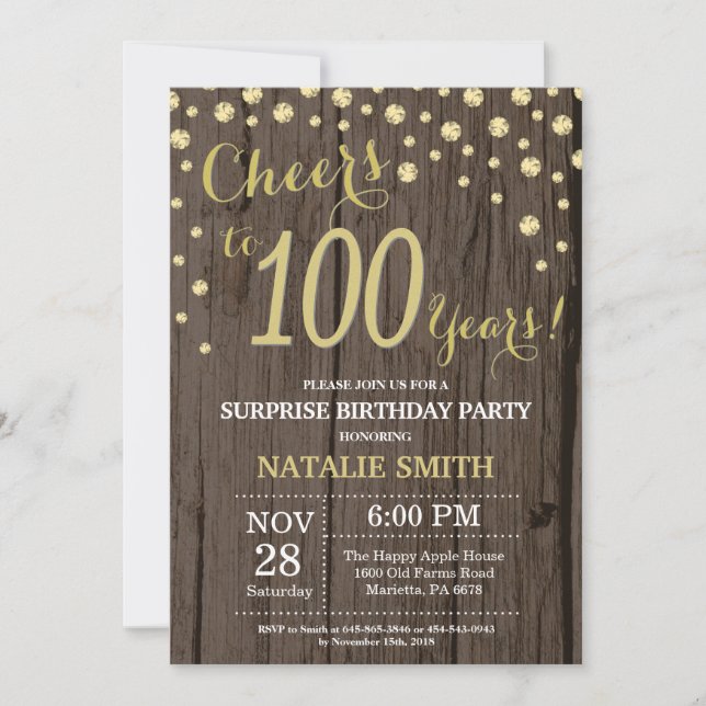 Invitation Diamant Doré Bois Rustique Surprise 100e Anniversa (Devant)