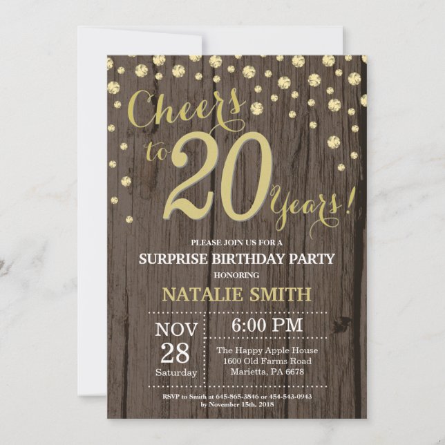 Invitation Diamant Doré Bois Rustique Surprise 20e Anniversai (Devant)
