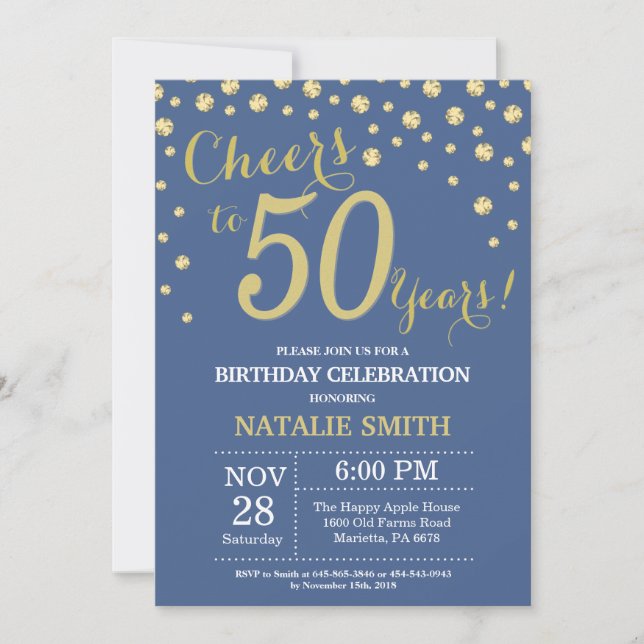 Invitation Diamant du 50e anniversaire bleu et or (Devant)