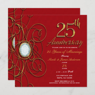 Invitation Diamant élégant rouge et or 25 25e anniversaire