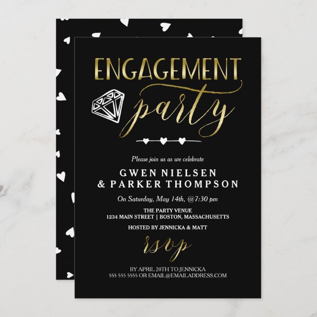 Invitation Diamant et Coeurs| Black & Gold Engagement Party (Devant / Derrière)