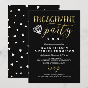 Invitation Diamant et Coeurs  Black & Gold Engagement Party