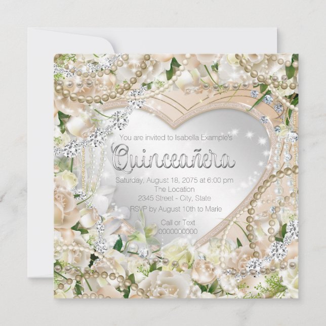 Invitation Diamant et Pearl Rose blanche Quinceanera (Devant)