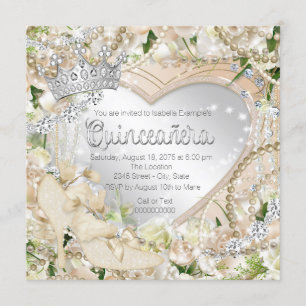 Invitation Diamant et Pearl White Quinceanera rose