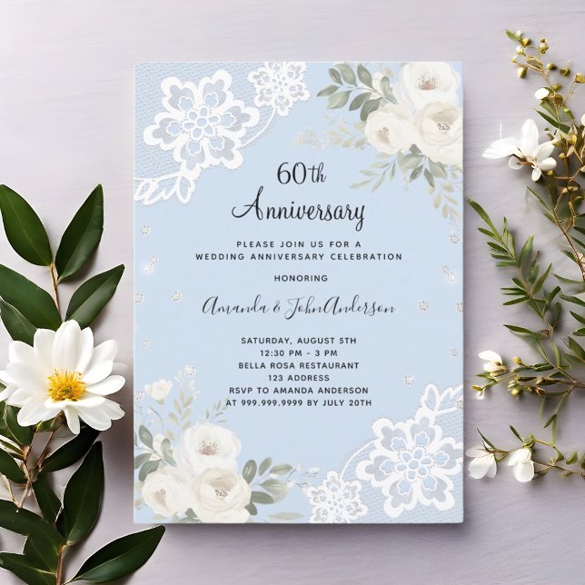 Invitation Diamant floral blanc bleu 60e anniversaire mariage (Créateur téléchargé)