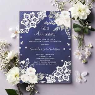 Invitation Diamant floral blanc bleu 60e anniversaire mariage