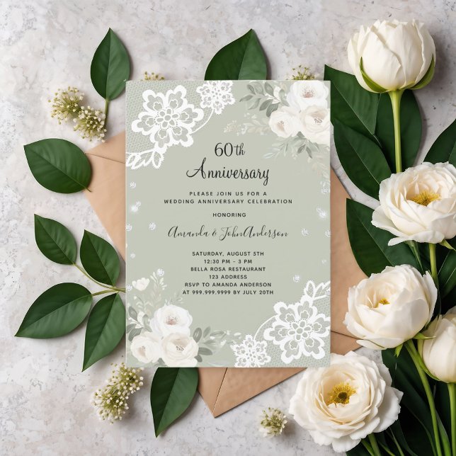 Invitation Diamant floral vert Sage 60e anniversaire mariage (Créateur téléchargé)